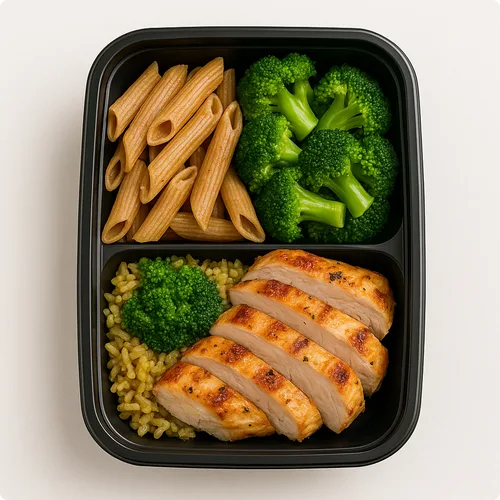 Family-Size Grilled Chicken and Brown Rice Power Bowl with Roasted Seasonal Vegetables, Herb Yogurt Sauce, Fresh Salad, Reusable Meal Container, Nutrition Card, and Weekly Meal Planning Guide